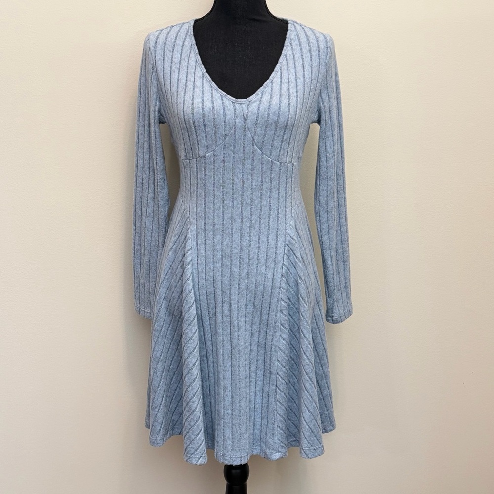NWT HALARA Ribbed Knit V Neck Long Sleeve Womens M Flare Mini‎ Blue Dress Casual